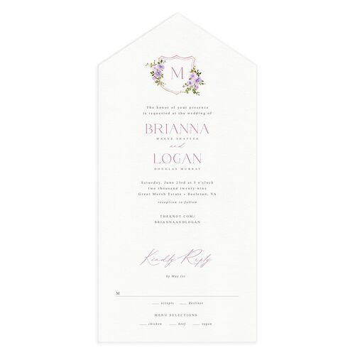 Watercolor Floral Crest All-in-One Wedding Invitations Lilac Signature Light Both Recipient and Return Addresses No
