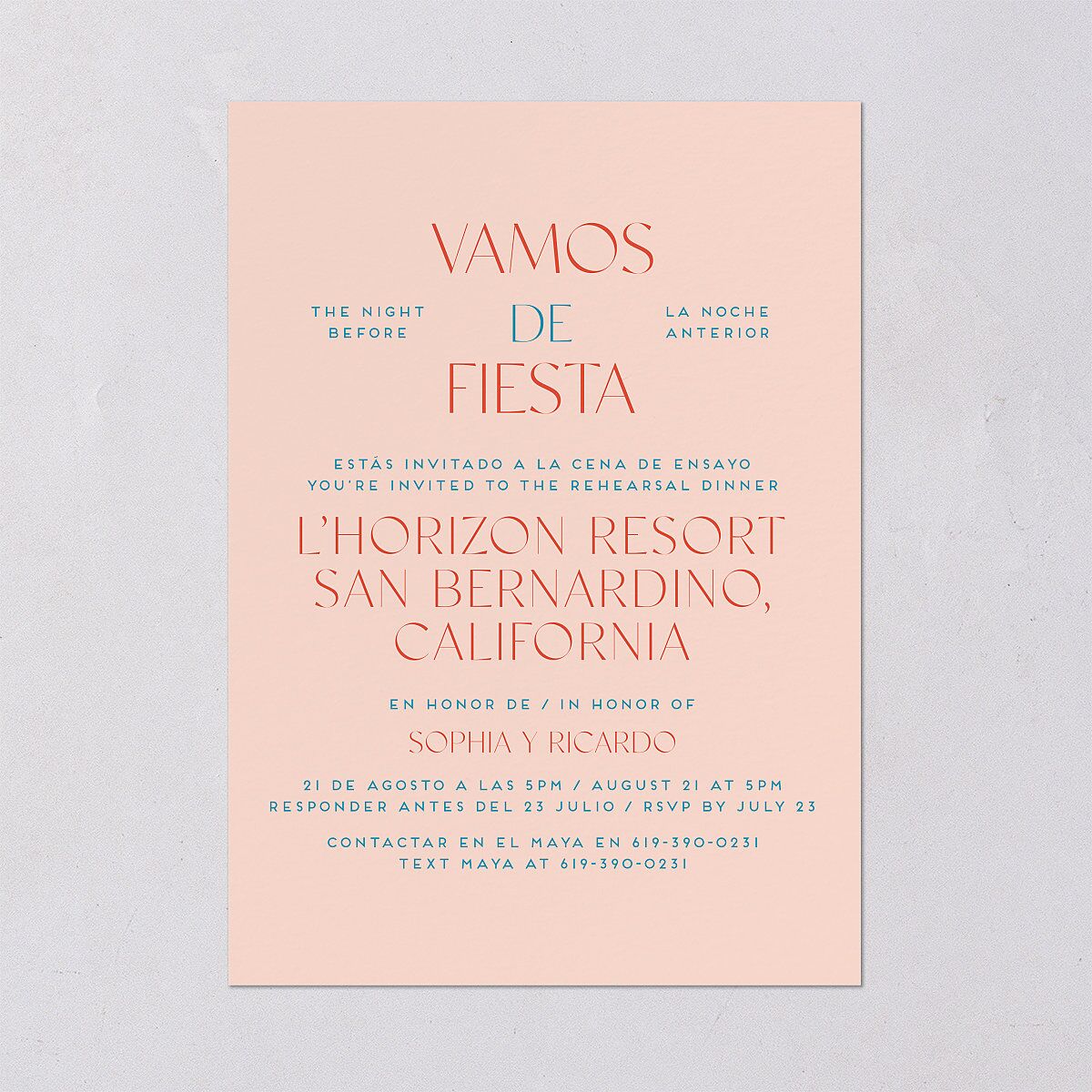 Color del Amor Rehearsal Dinner Invitations Salmon Signature Blank