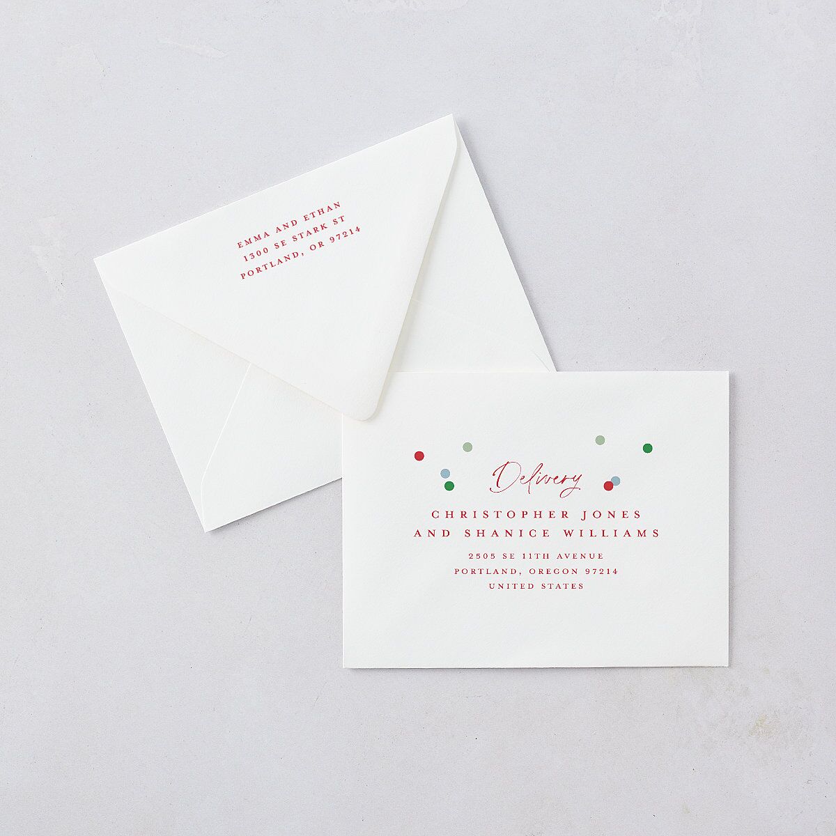 Instant Film Christmas Confetti Thank You Card Euro Envelopes White Ivory Both Recipient and Return Addresses Luxe Signature