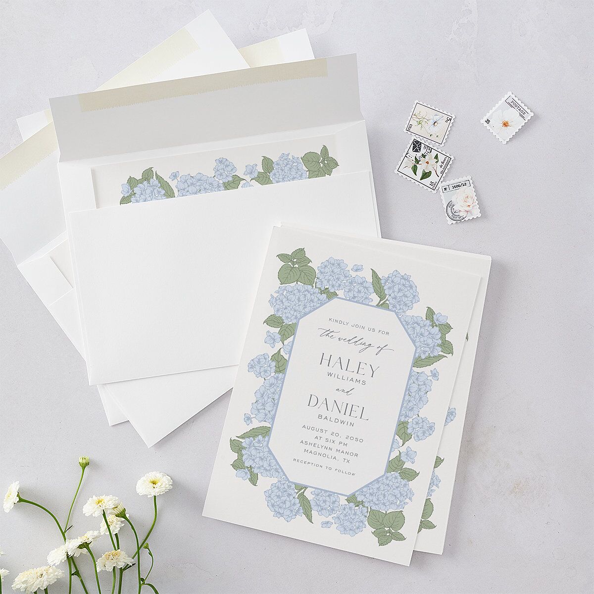 Vintage Hydrangea Frame Wedding Invitations Dusty Blue Signature Blank No Standard