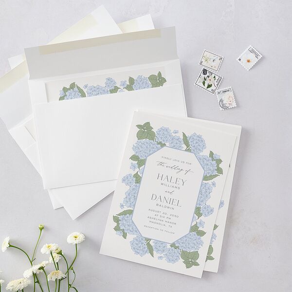 Vintage Hydrangea Frame Wedding Invitations Dusty Blue Signature Blank No Standard