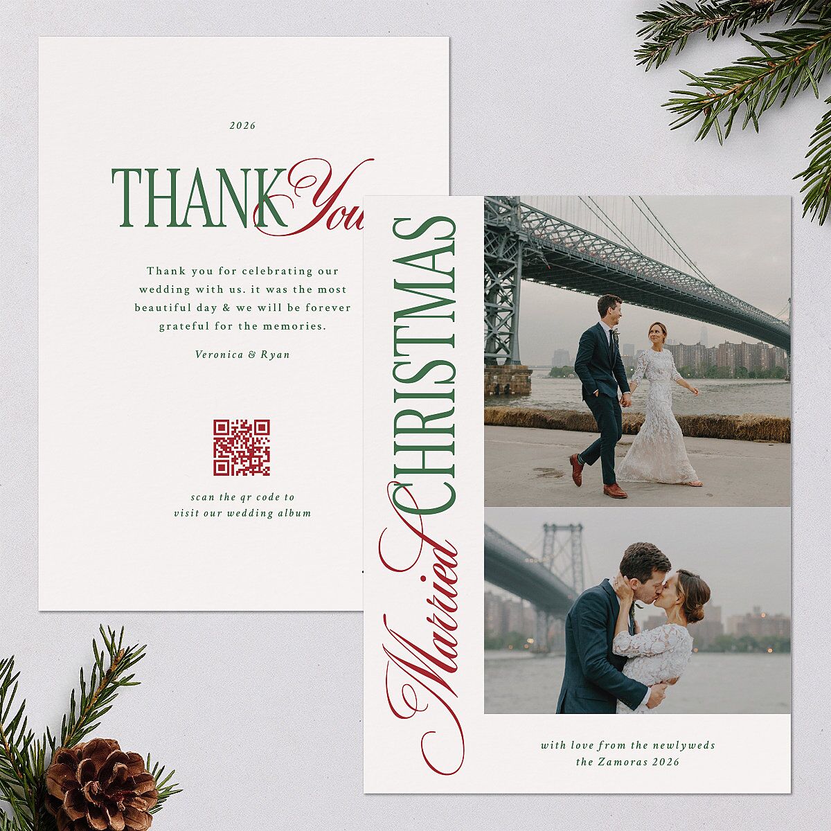 Married Christmas Calligraphy Holiday Cards Hunter Green Signature Blank Standard