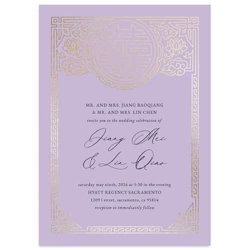 Chinese Double Happiness Wedding Invitations Gold Lavender Signature Blank No Standard