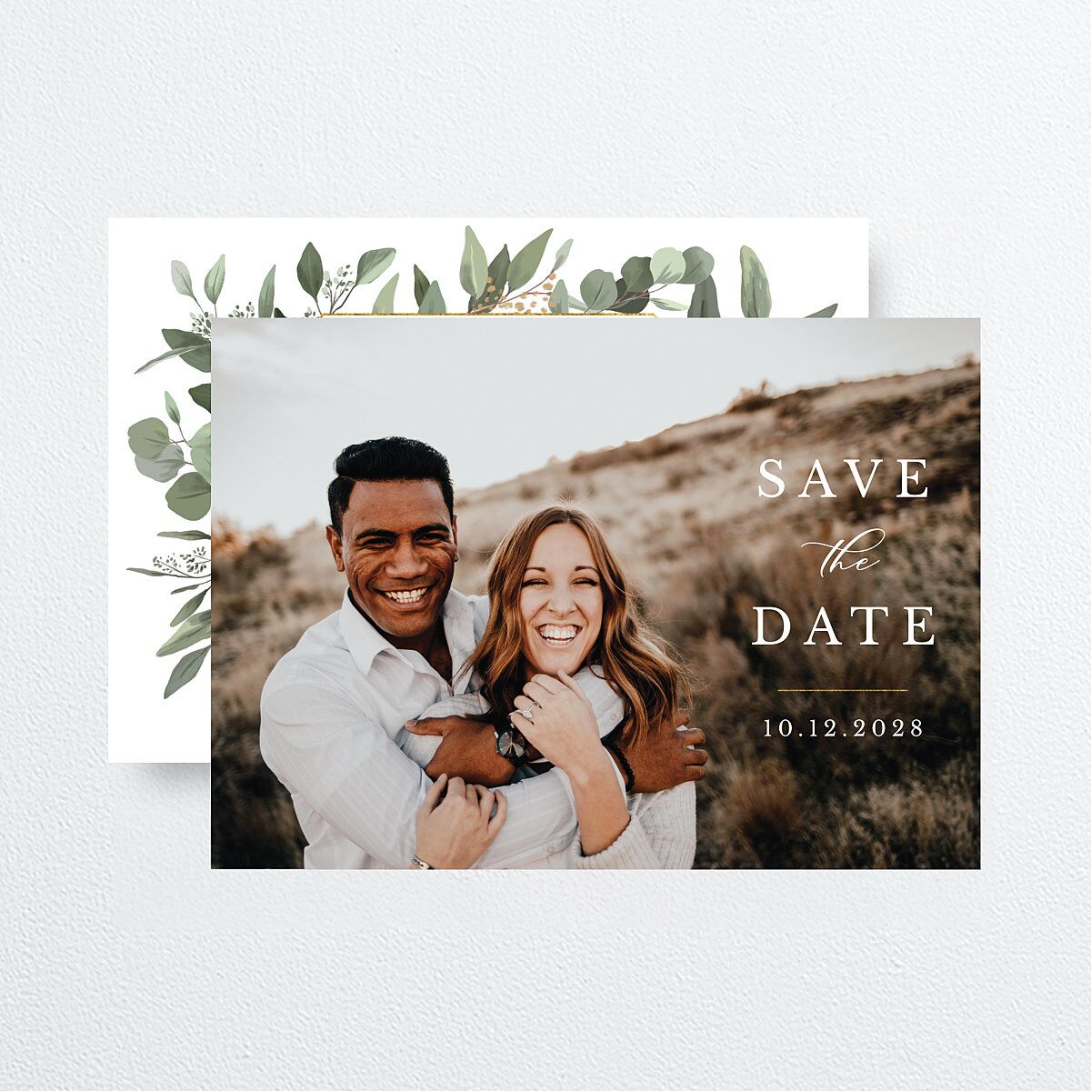 Eucalyptus Frame Save The Date Cards Pure White Signature smooth No Standard