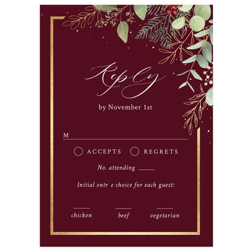 Elegant Eucalyptus Christmas Foil Wedding Response Cards Gold Burgundy Signature Standard