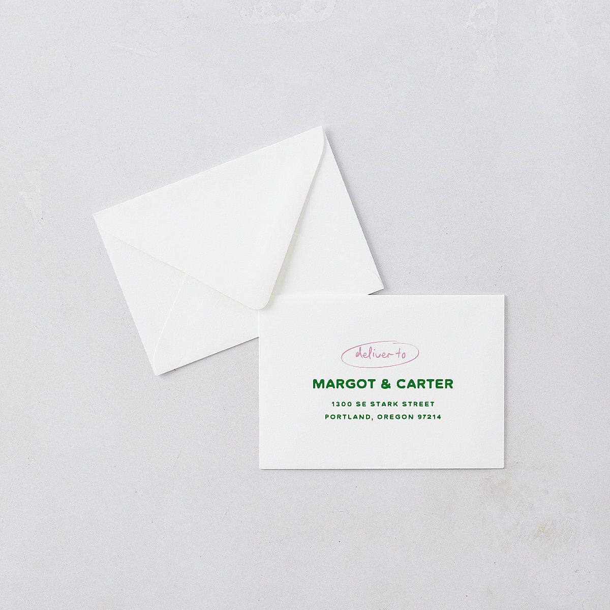 Whimsically Retro Handwritten Note Response Card Euro Envelopes Kelly Green White Return Address Luxe