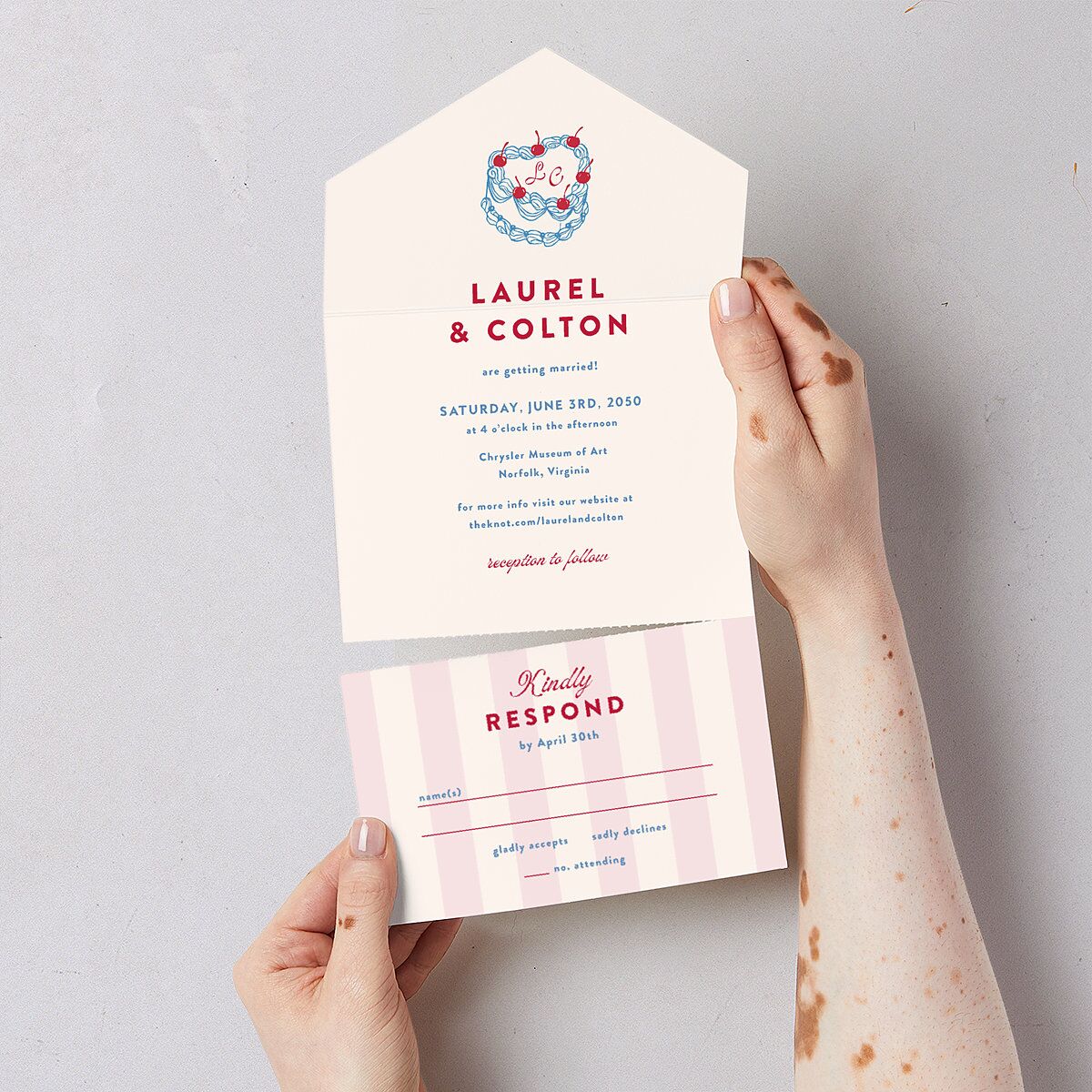 Retro Wedding Cake All-in-One Wedding Invitations Crimson Signature Light Both Recipient and Return Addresses No