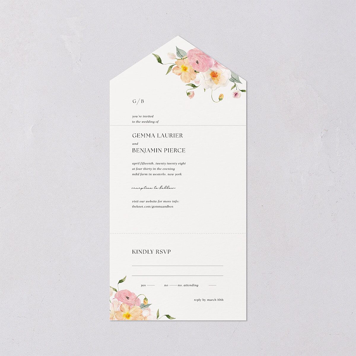 Pastel Garden All-in-One Wedding Invitations Pink Cotton Signature Light Both Recipient and Return Addresses No