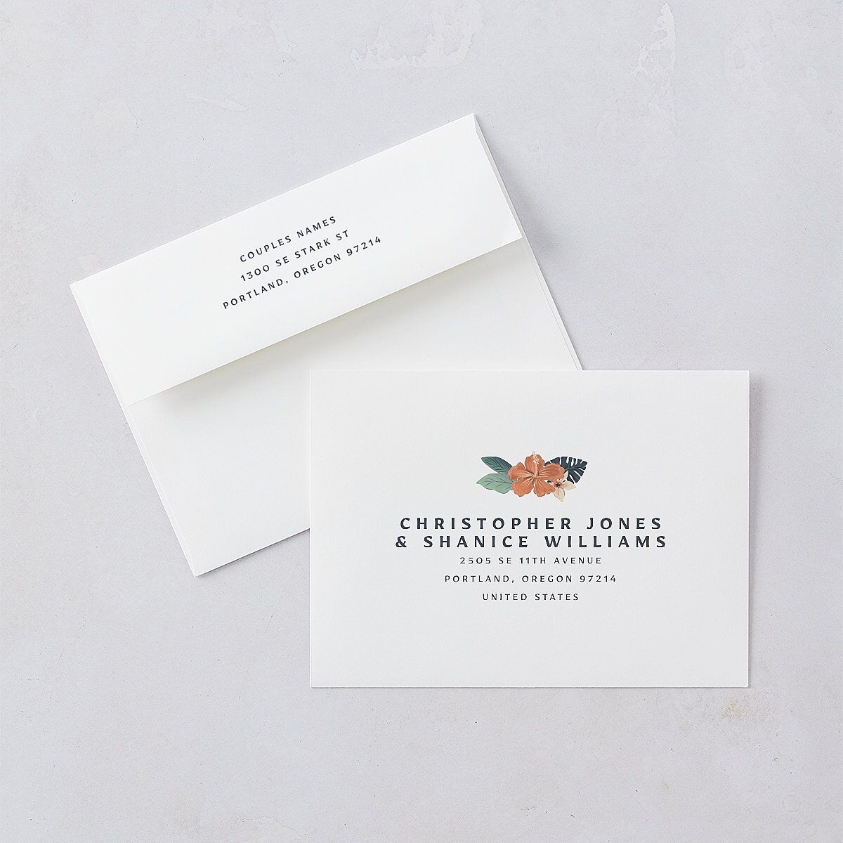Vintage Island Wedding Invitation Envelopes White Standard Rose Gold Both Recipient and Return Addresses Signature