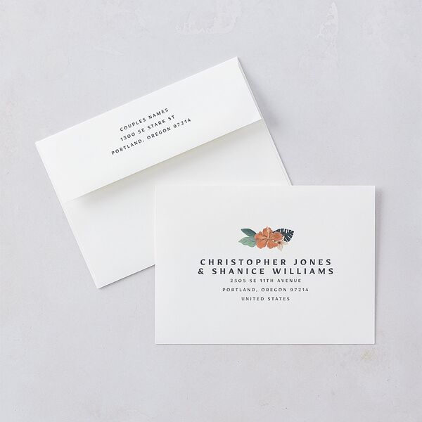 Vintage Island Wedding Invitation Envelopes White Standard Rose Gold Both Recipient and Return Addresses Signature