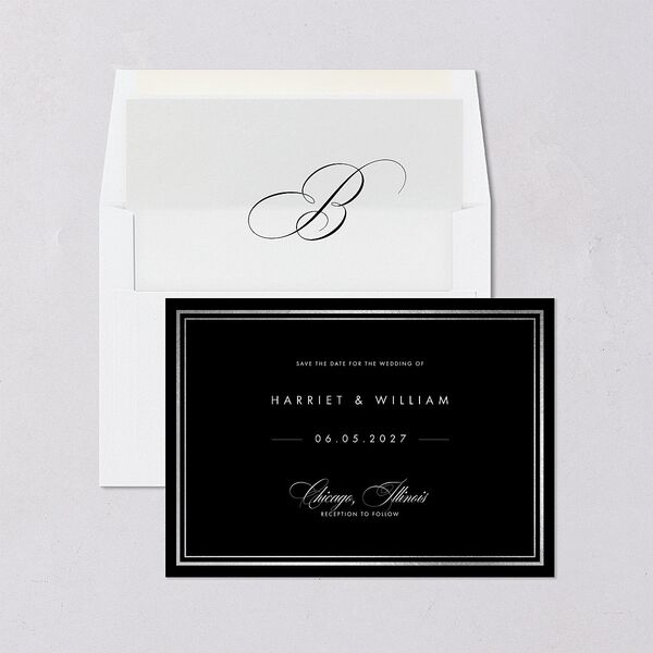 Polished Frame Save The Date Cards Silver Licorice Signature smooth Blank No