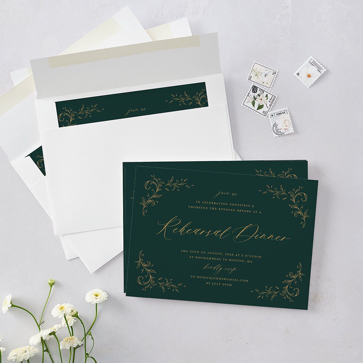 Dark Vintage Fantasy Rehearsal Dinner Invitations Dark Emerald Signature Blank Standard