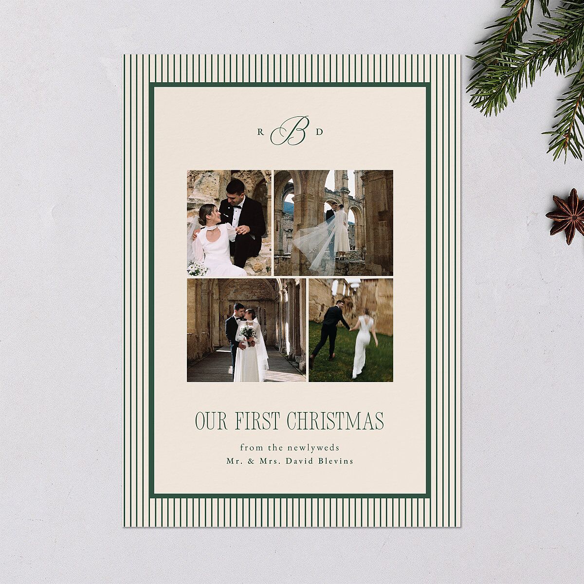 Classic Monogram First Christmas Holiday Cards Dark Emerald Signature Blank Standard