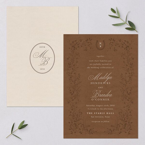 Western Horseshoe Botanical Wedding Invitations Mocha Signature Blank No Standard