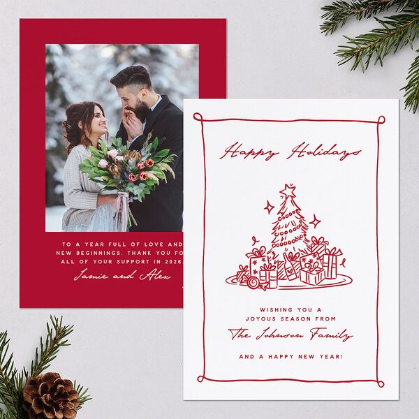 Hand Drawn Christmas Tree Holiday Cards Jewel Red Signature Blank Standard Portrait