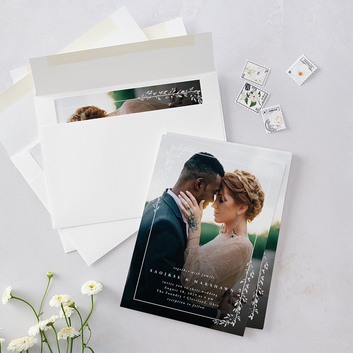 Dainty Frame Wedding Invitations Pure White Signature Blank No