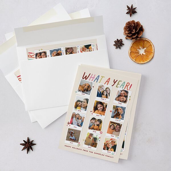 What a Year Whimsical Calendar Photos Holiday Cards Maroon Signature Blank Standard Portrait