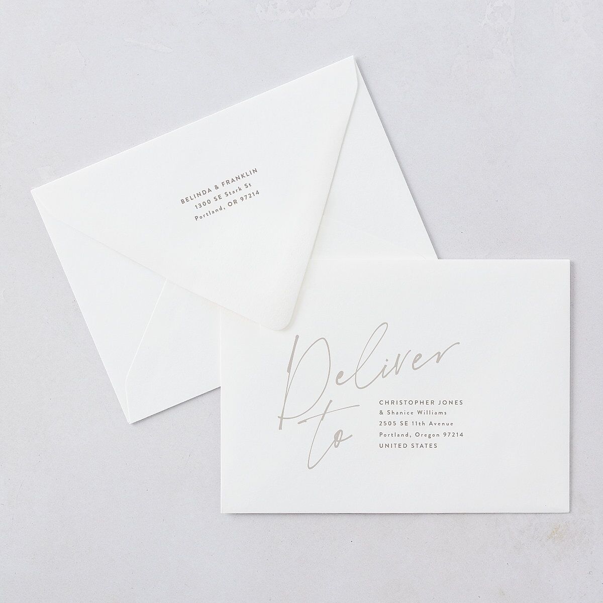 Modern Script Names Save The Date Card Euro Envelopes White Shadow Gray Both Recipient and Return Addresses Luxe Signature