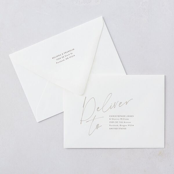 Modern Script Names Save The Date Card Euro Envelopes White Shadow Gray Both Recipient and Return Addresses Luxe Signature