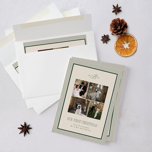Classic Monogram First Christmas Holiday Cards Dark Emerald Signature Blank Standard