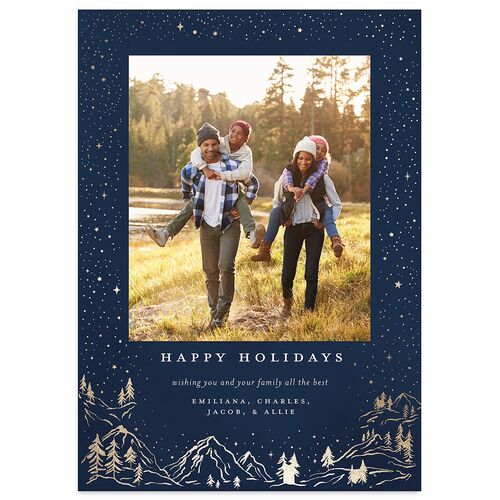 Mountain Retreat Holiday Cards Gold Navy Signature Blank Standard Portrait
