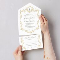 Vintage Regency Monogram Frame Foil All-in-One Wedding Invitations Pure White Signature Light Both Recipient and Return Addresses No