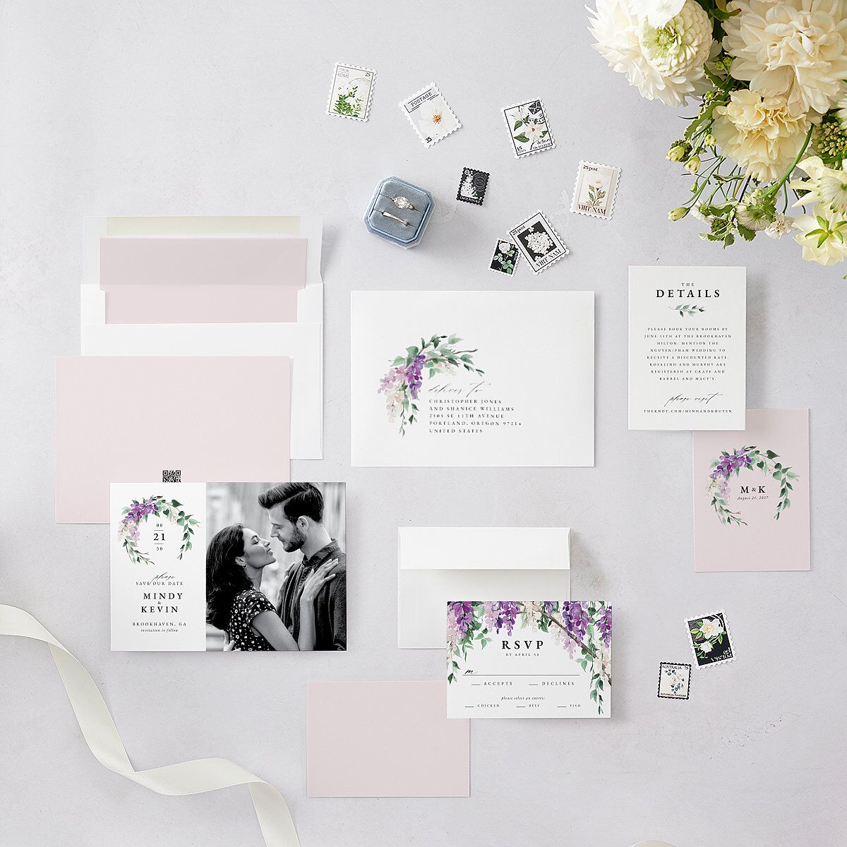 Romantic Wisteria Save The Date Cards Purple Petal Signature smooth Blank No Standard