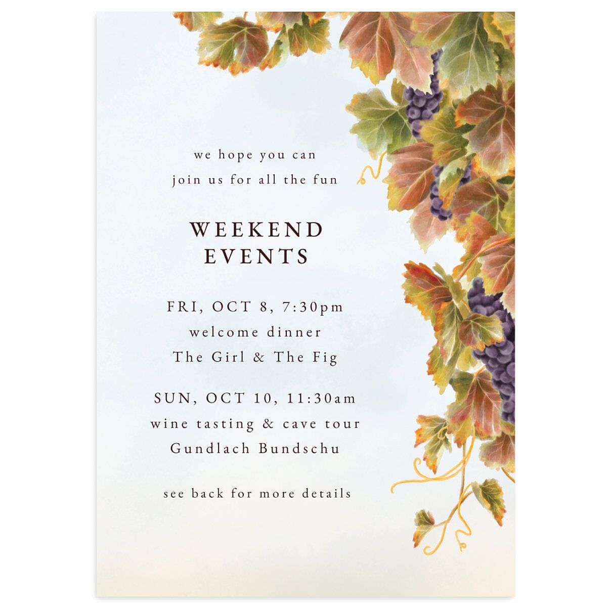 Romantic Vineyard Wedding Itinerary Cards
