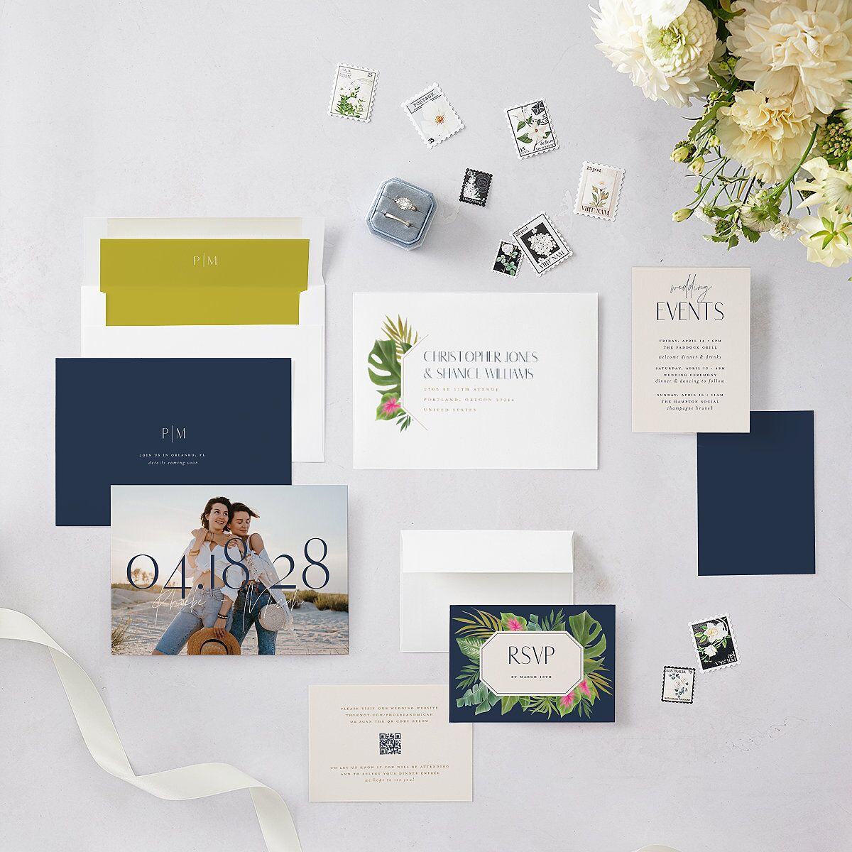Hawaiian Tropical Monstera Frame Save the Date Cards Moody Blue Signature smooth Blank No Standard