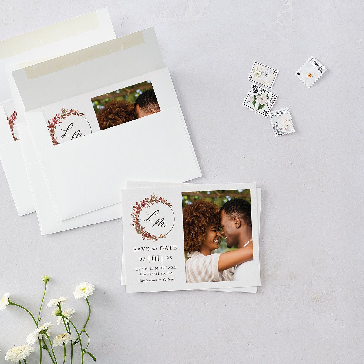 Leafy Monogram Hoop Save the Date Petite Cards Pure White Signature smooth Blank No Standard
