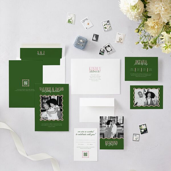 Wavy Frame Photo Wedding Invitations Scottish Green Signature Blank No Standard