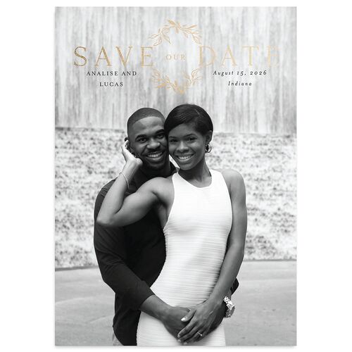 Monogram Leaves Save The Date Cards Gold Eucalyptus Signature smooth Blank No Standard