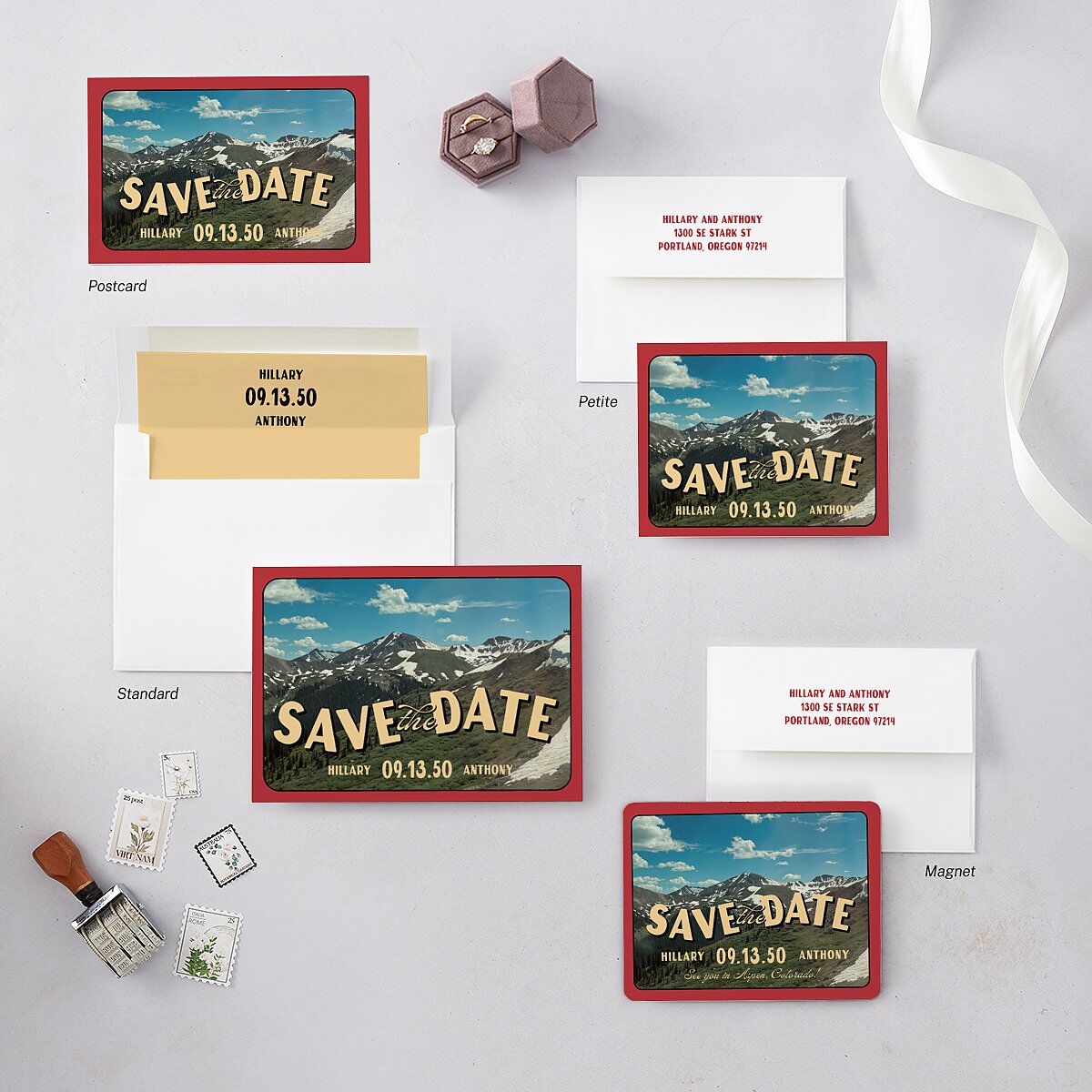 Retro Destination Postcard Inspired Save the Date Cards Red Clay Signature smooth Blank No Standard