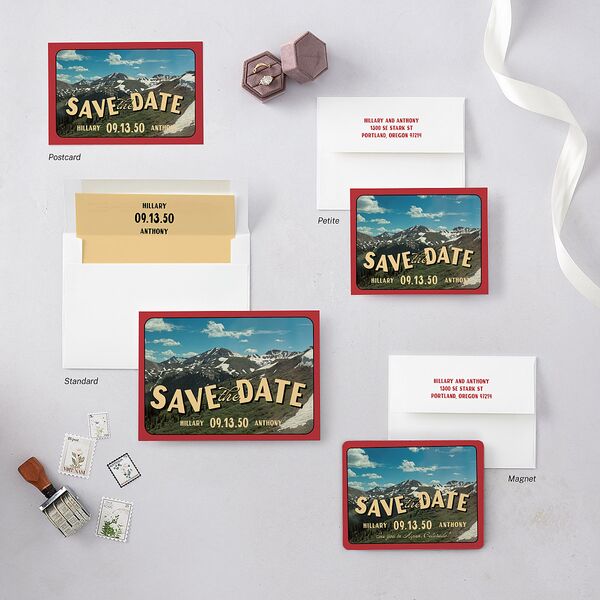 Retro Destination Postcard Inspired Save the Date Cards Red Clay Signature smooth Blank No Standard