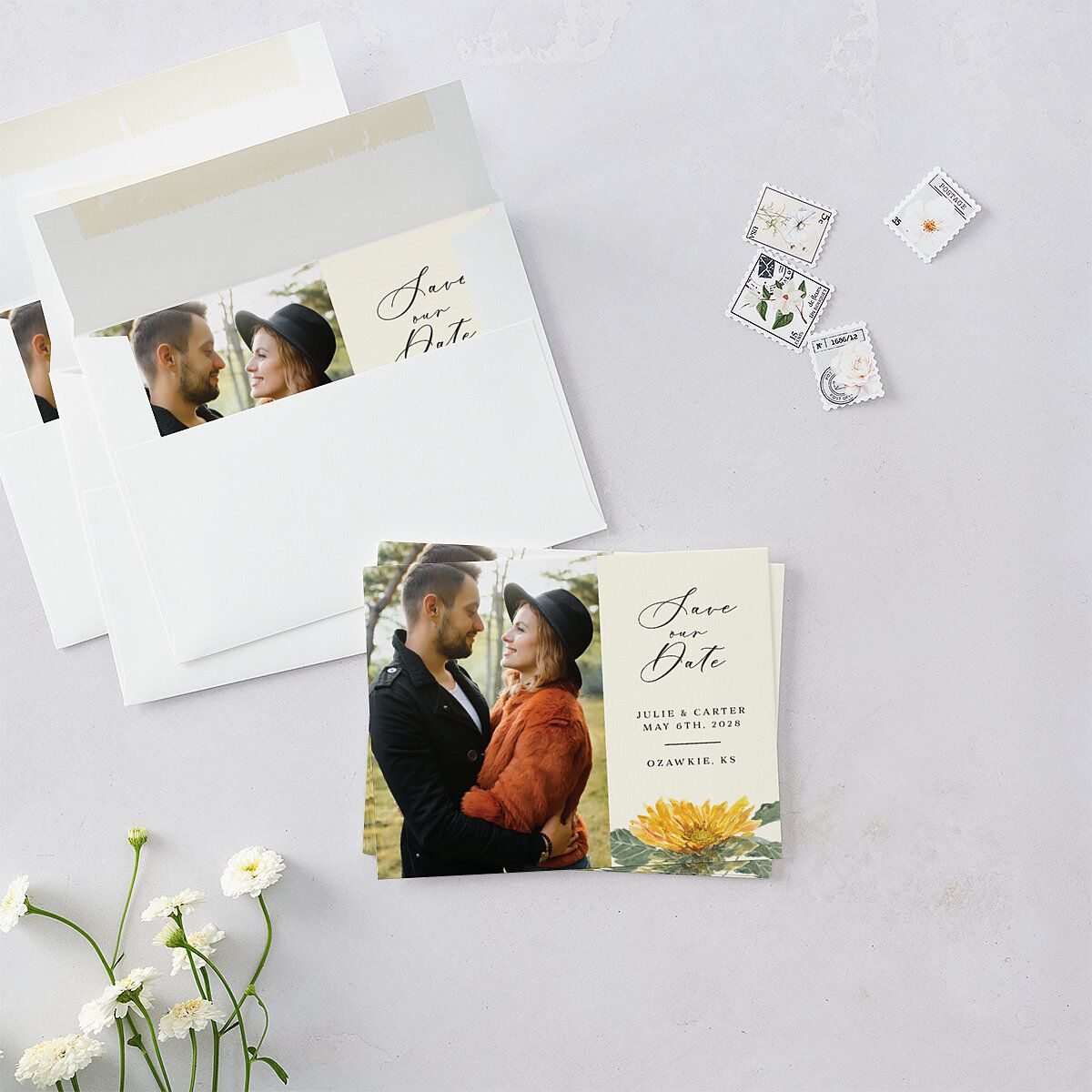 Sunflower Save the Date Petite Cards Cream Signature smooth Blank No Standard