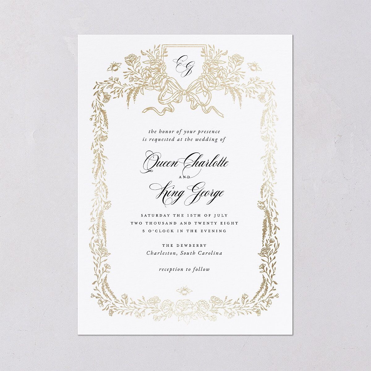 Rose Garden Crest Wedding Invitations by Bridgerton Gold Pure White Signature Blank No Standard