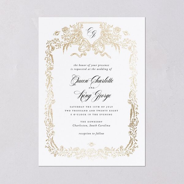 Rose Garden Crest Wedding Invitations by Bridgerton Gold Pure White Signature Blank No Standard