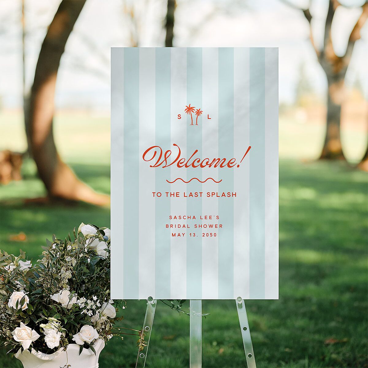 Cabana Stripes Bridal Shower Standard Welcome Sign Large Pastel Blue Standard Indoor Foam Core L Welcome