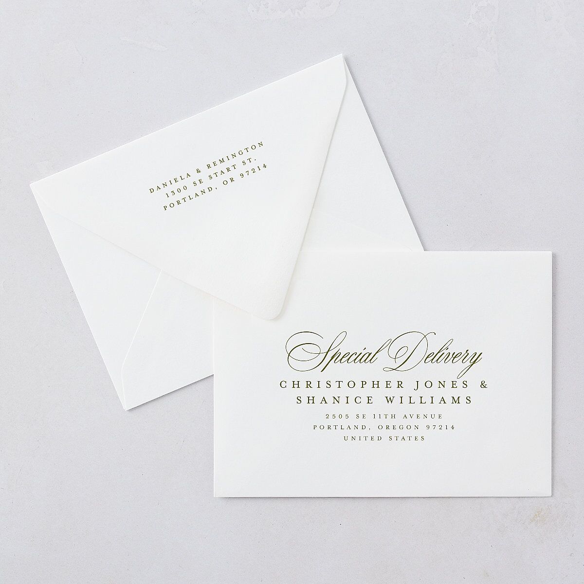 Modern Classic Picture Landscape Save The Date Card Euro Envelopes White Olive Both Recipient and Return Addresses Luxe Signature