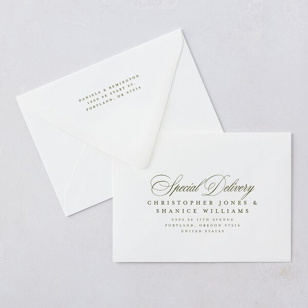 Modern Classic Picture Landscape Save The Date Card Euro Envelopes White Olive Both Recipient and Return Addresses Luxe Signature
