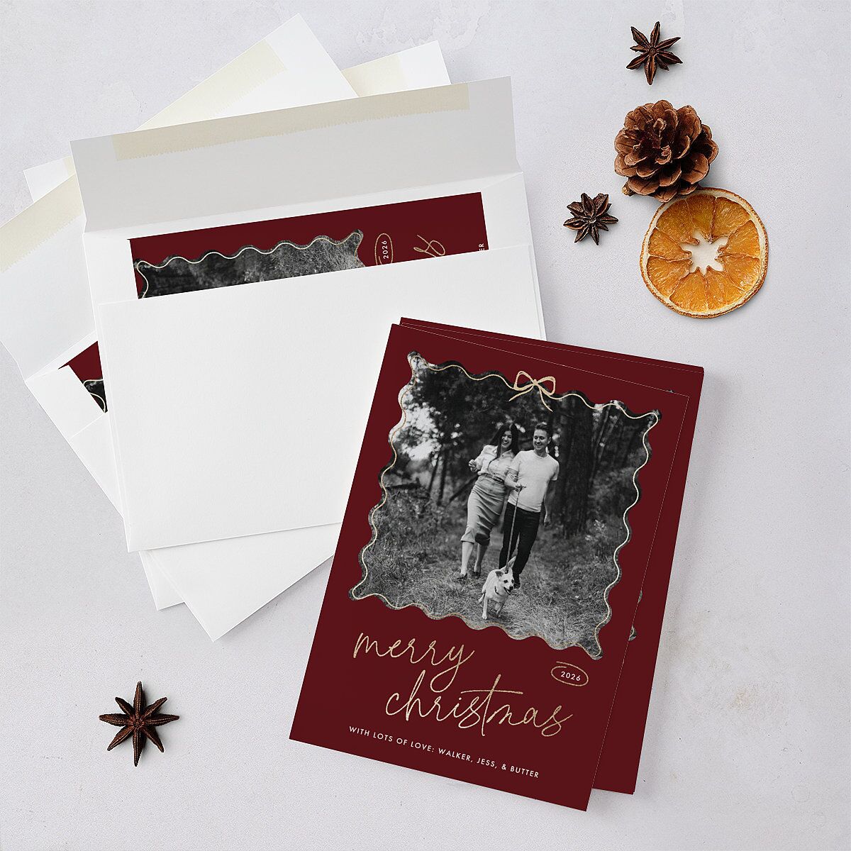 Wavy Bow Frame Foil Holiday Cards Gold Jewel Red Signature Blank Standard Portrait