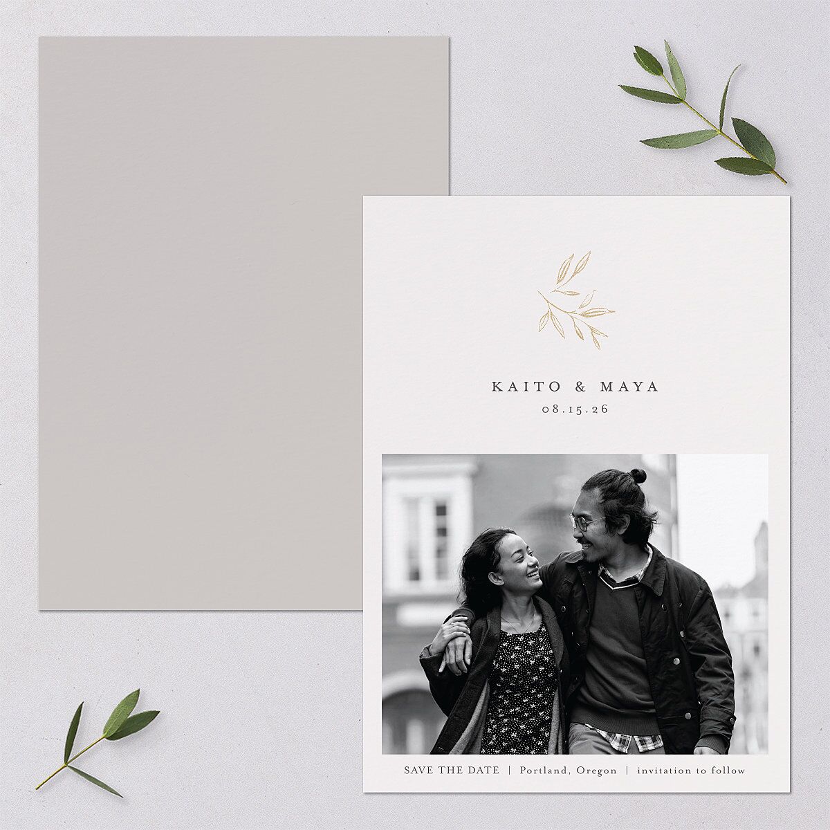 Shining Sprig Save The Date Cards Gold Mist Signature smooth Blank No Standard