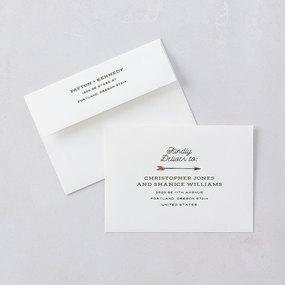 Happy Campers Rehearsal Dinner Invitation Envelopes White Deep Olive Both Recipient and Return Addresses Signature Standard