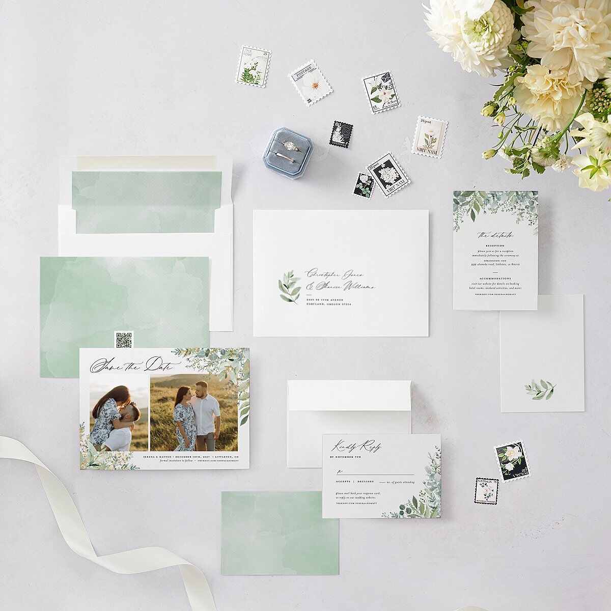 Shining Greenery Save the Date Cards — view 6