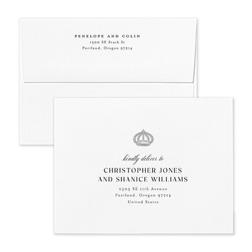 Glamorous Crown Monogram Crest Save the Date Petite Card Envelopes by Bridgerton White Pure White Both Recipient and Return Addresses Signature Standard