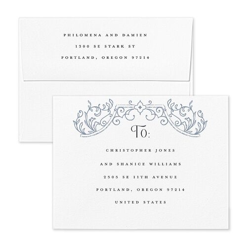 Gothic Gate Save the Date Magnet Envelopes White Navy Both Recipient and Return Addresses Signature Standard