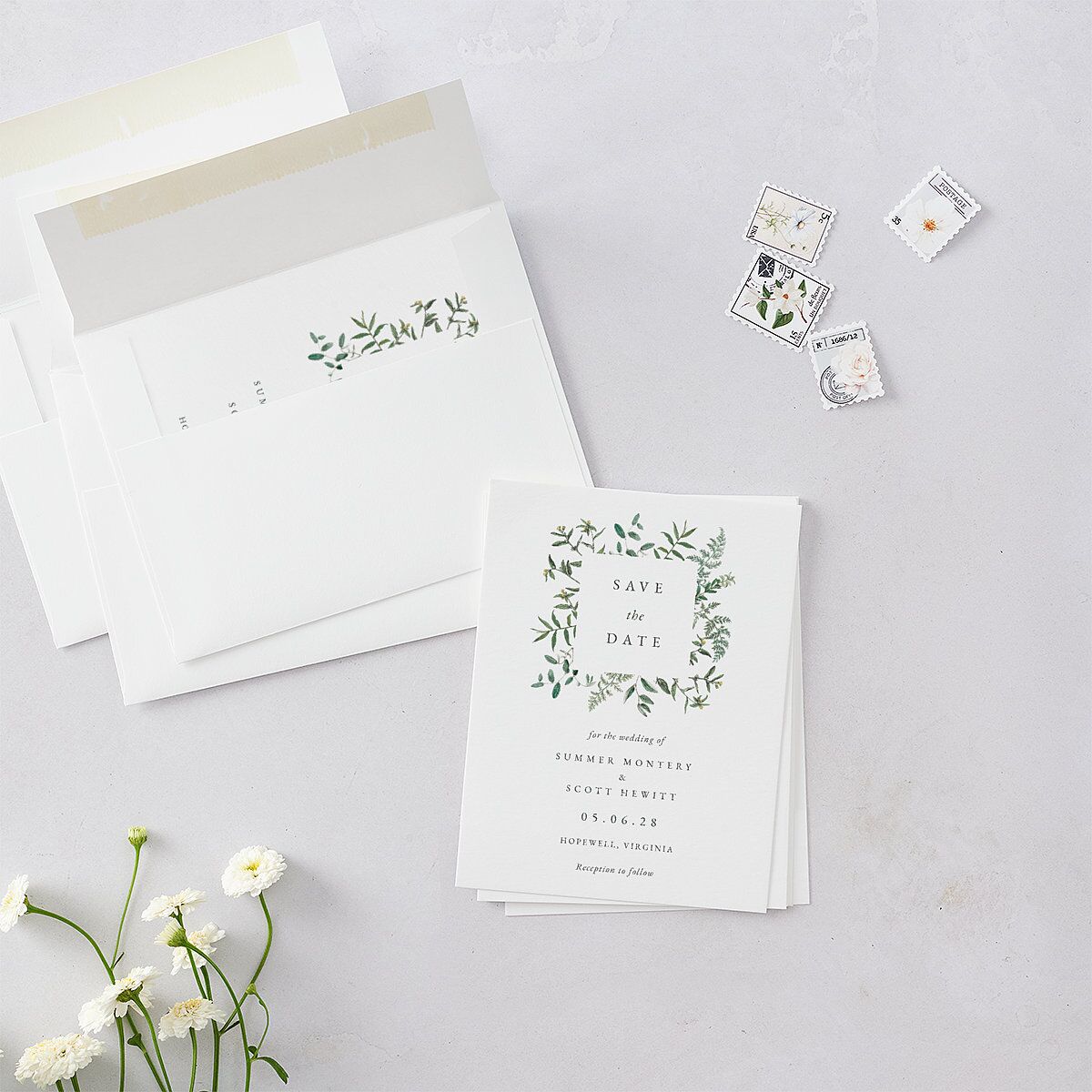 Delicate Greenery Save the Date Petite Cards Pure White Signature smooth Blank No Standard