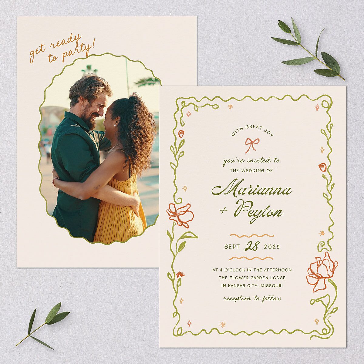 Whimsical Drawn Flowers Wedding Invitations Thyme Signature Blank No Standard