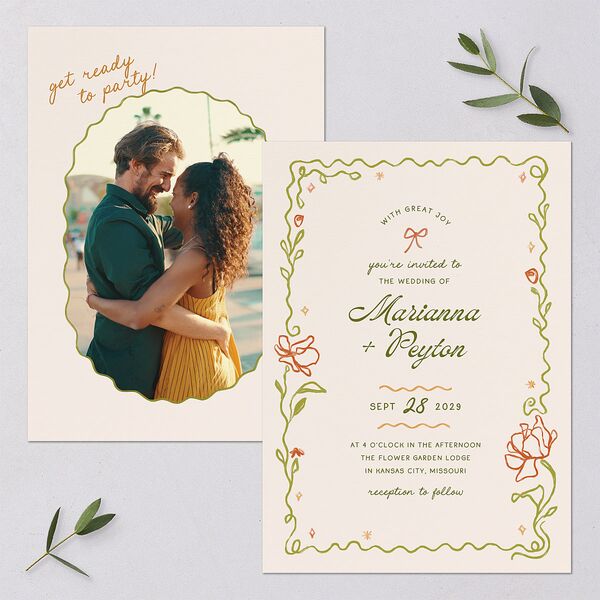 Whimsical Drawn Flowers Wedding Invitations Thyme Signature Blank No Standard