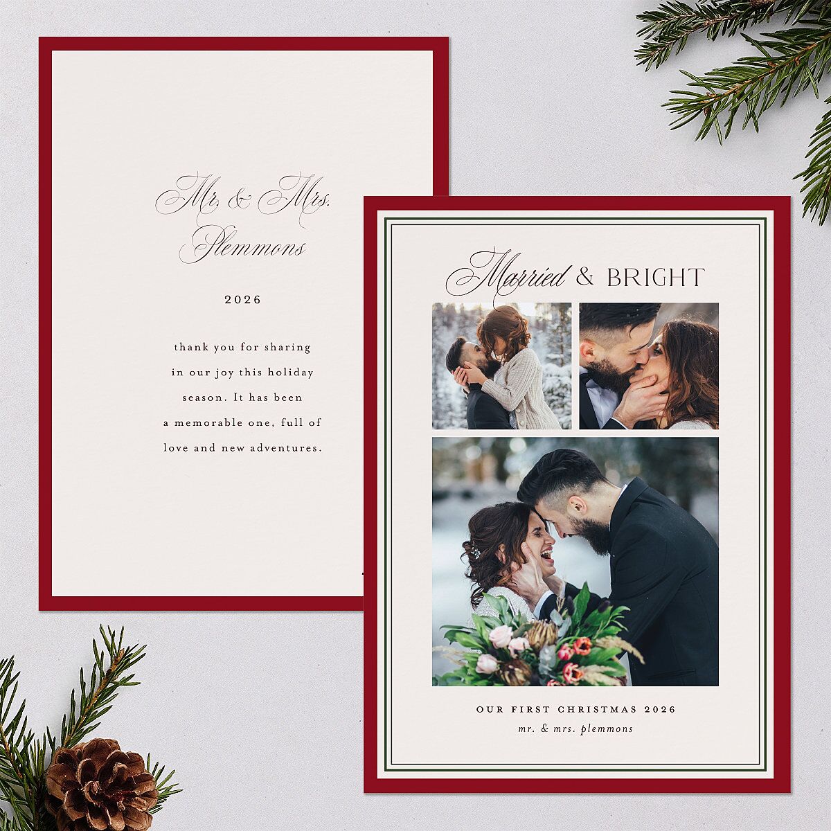 Classic Border First Married Christmas Holiday Cards Ruby Signature Blank Standard